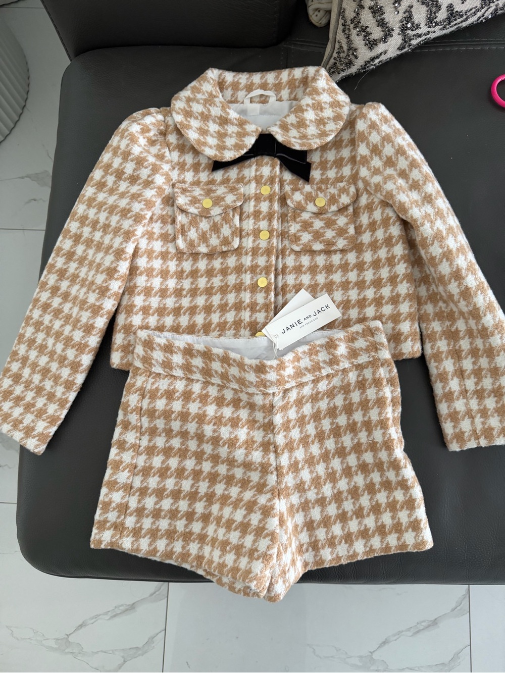 Janie and Jack Cream and Tan Houndstooth Matching Jacket and Shorts Set